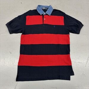 Polo By Ralph Lauren Polo Shirt Mens Large Navy Red Striped Rugby Denim Collar